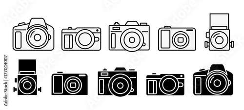 Collection of Modern Camera Icons in Outline and Solid Styles