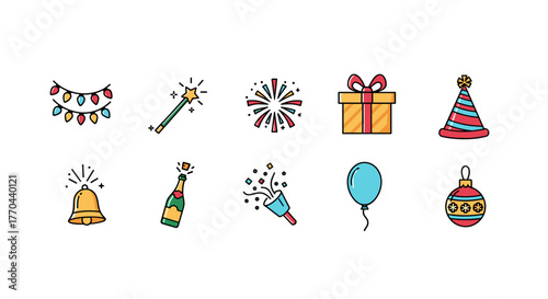 Collection of Holiday Icons: Festive Garlands, Sparkly Magic Wand, Exploding Firework, Gift Box, Party Hat, Jingle Bell, Champagne Bottle, Confetti Popper, Balloon, and Christmas Ornament. Perfect
