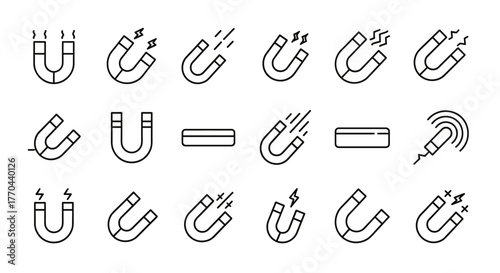 Collection of modern magnet outline icons, a set of versatile illustrations for mobile apps, websites, flyers, banners, and more, all isolated on a clean white background, representing magnetism and