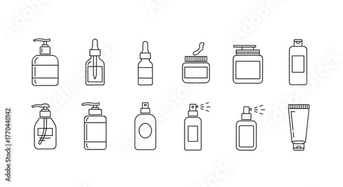 Collection of minimalistic line icons representing various cosmetic and skincare bottles, including pump dispensers, dropper bottles, jars, spray bottles, and tubes, perfect for web design, graphic
