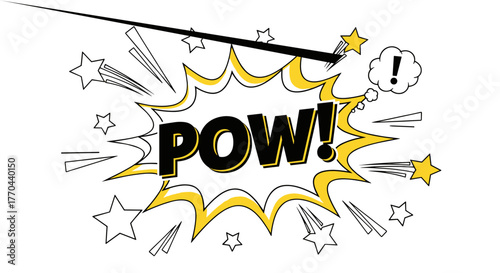 Dynamic comic book explosion with the word "POW!" in bold black letters, surrounded by yellow starbursts, white stars, and a small speech bubble with an exclamation mark, set against a stark black