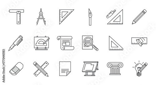 Collection of architectural and drafting tools icons, including compass, rulers, pencils, eraser, blueprint, magnifying glass, and drafting board, suitable for UI, placards, books, and apps, with