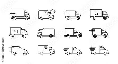 A diverse collection of thin line icons representing delivery trucks, vans, and various vehicles, perfect for web design, book illustrations, greeting cards, and mobile applications, offering