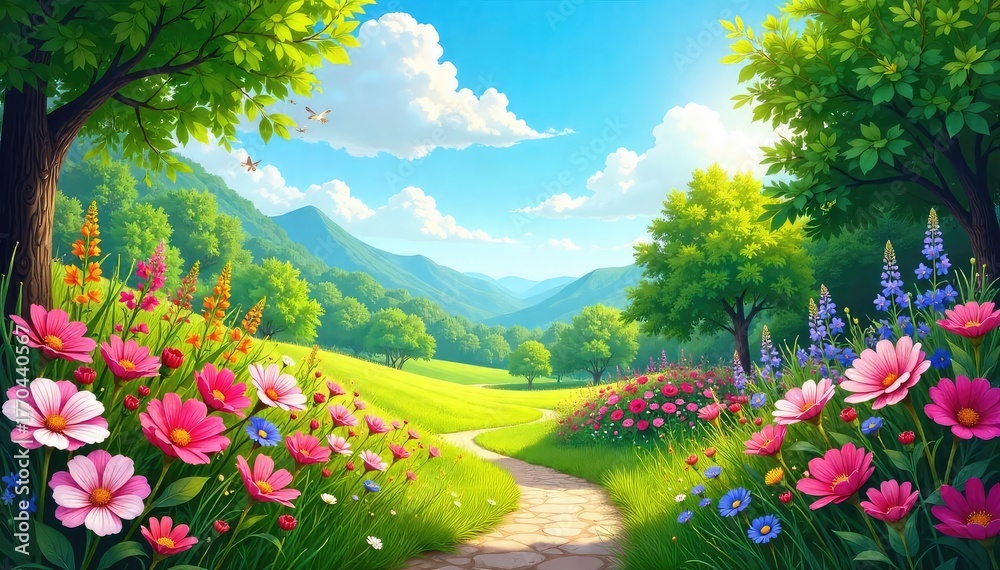 Obraz premium Vibrant summer scene bursting with colorful flowers, lush green foliage, and a bright blue sky Perfect for summer themes, travel, nature, and more , plants, adventure
