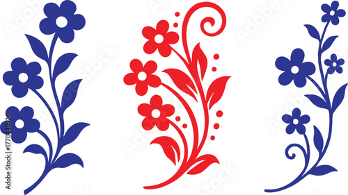 Three stylized floral designs in blue and red on a white background