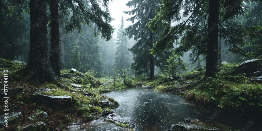 Obraz premium Raindrops falling on water in dark spruce forest during heavy downpour, creating moody natural atmosphere