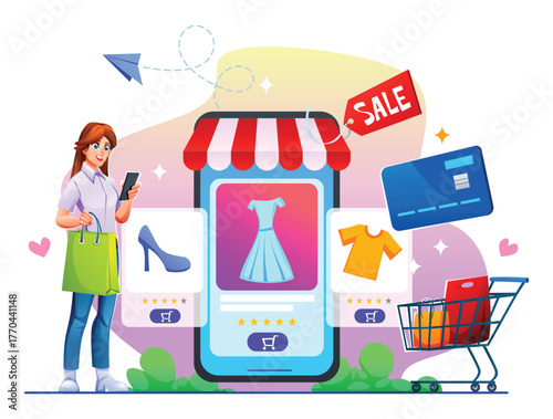 Woman with a shopping bag and cart viewing a mobile sale storefront for clothes and shoes with a credit card icon. Vector cartoon illustration