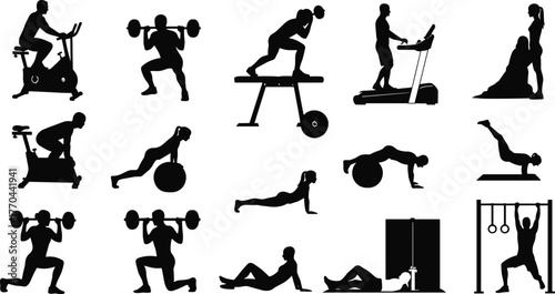 Fitness exercise silhouettes, gym workout poses, cardio and strength training reference, lifestyle design, cad drawing flat vector illustration