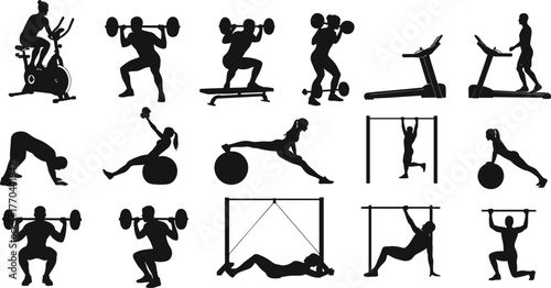  Fitness exercise silhouettes, gym workout poses, strength and cardio training reference, lifestyle design, cad drawing flat vector illustration