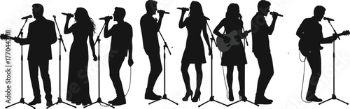 Musician silhouettes performing on stage, singers and guitarists, live concert concept, entertainment design, cad drawing flat vector illustration