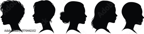 Female head profile silhouettes, hairstyle diversity, hair texture reference, fashion and beauty design, cad drawing flat vector illustration