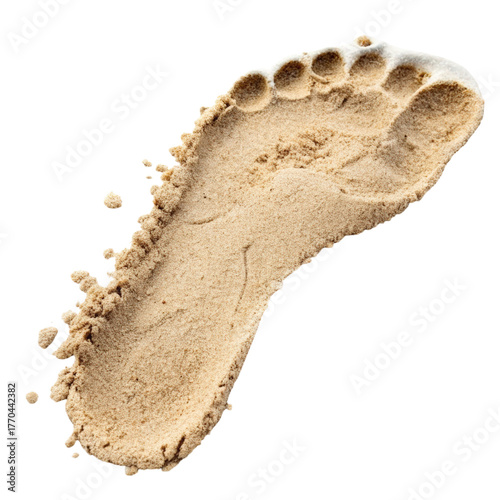 Exploring sandy shores with a visible footprint and distinct tan lines on a white background