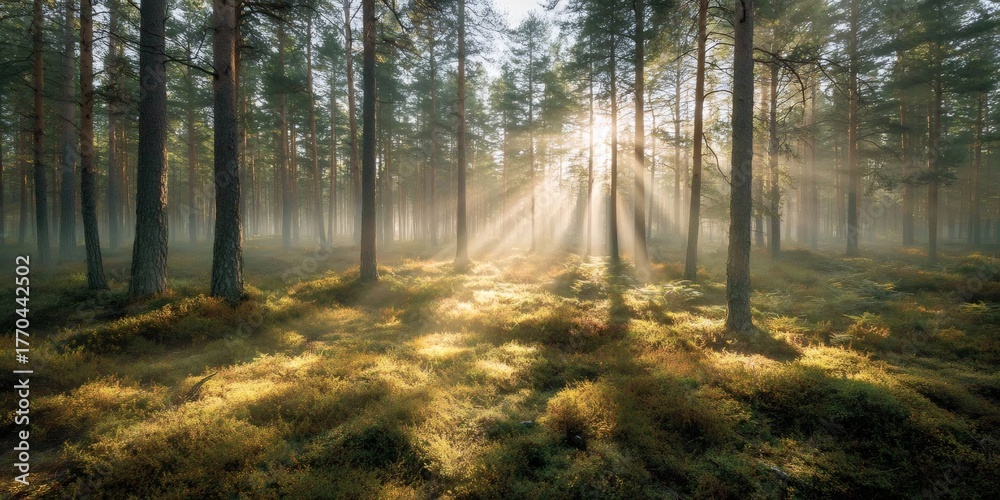 Fototapeta premium Sunlight streaming through a misty forest of pine trees, creating a peaceful and spiritual forest landscape