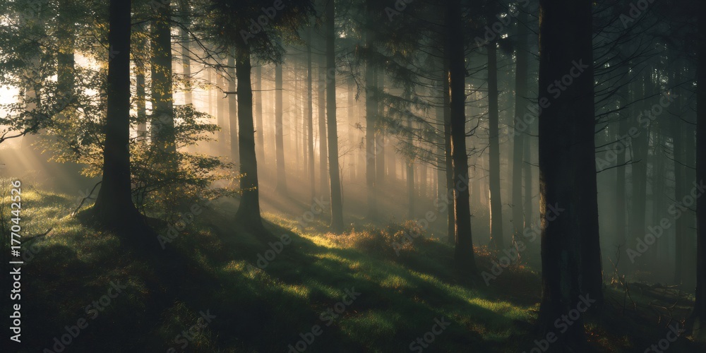 Fototapeta premium Forest trees with sunbeams breaking through morning fog, creating a peaceful woodland landscape