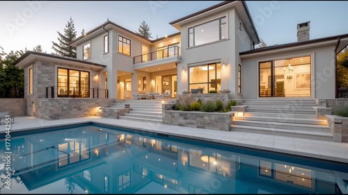 Serene luxury modern house with beautiful swimming pool at dusk . Aspirational home exterior and contemporary architecture for real estate