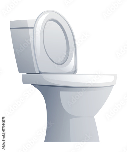 Ceramic toilet bowl with the lid open, a common fixture in a bathroom or home plumbing system on white. Vector cartoon illustration