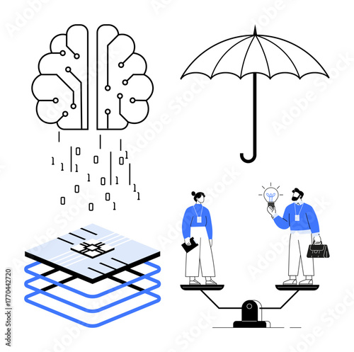 Binary-coded brain, umbrella for protection, AI-driven layer concept, and people balancing innovative ideas. Ideal for AI, technology, innovation, teamwork, protection equity and decision-making