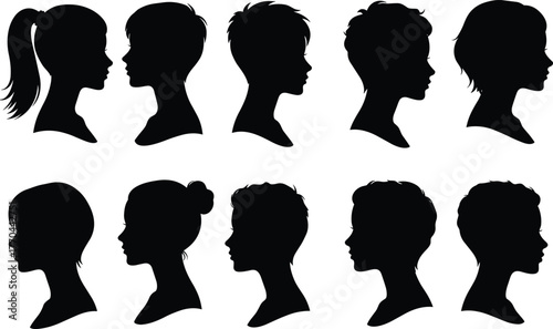 Human head silhouettes, hairstyle diversity, profile view, fashion and beauty reference, character design element, cad drawing flat vector illustration