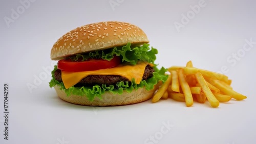 A cheeseburger and french fries on a white background