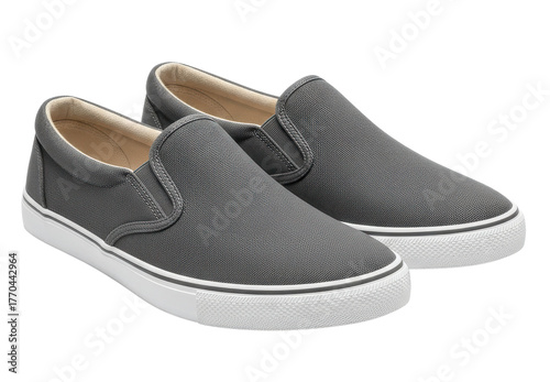 Textured Grey Slip On Shoes with White Soles on Transparent Background