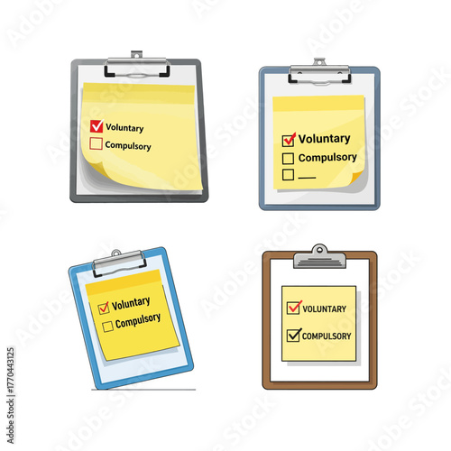 A set of four clipboards with yellow sticky notes and checkboxes for voluntary and compulsory options.