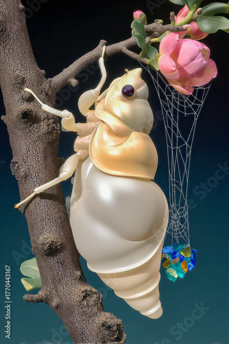 Surreal hybrid insect with glossy shell climbing a tree branch beside delicate pink flowers and a geometric web holding colorful crystals, macro fantasy nature concept illustration