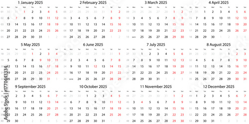 calendar 2025 week start Monday corporate design planner template.