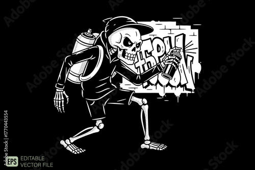 Skeleton Graffiti Artist Spray Painting Wall Art.