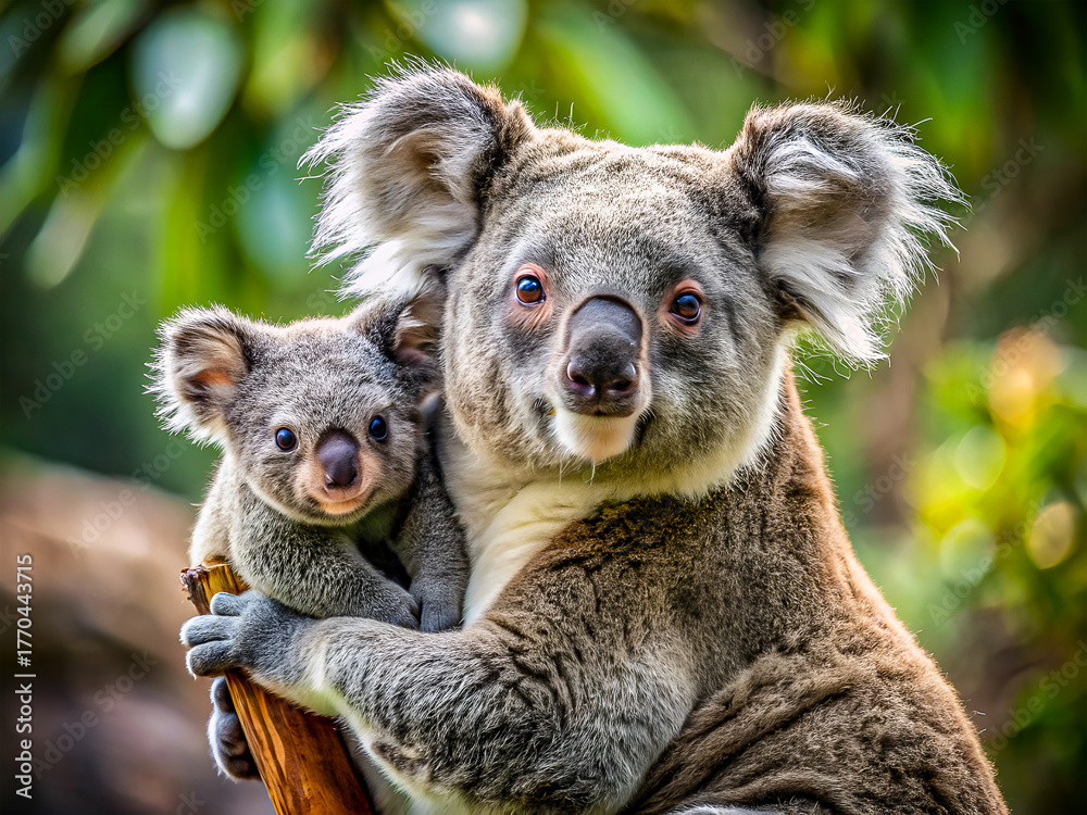 Fototapeta premium Adorable Koala Mother and Baby Clinging to Tree Branch in Lush Green Forest