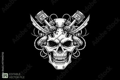 Intricate Skull with Pistons and Blades Vector Illustration.