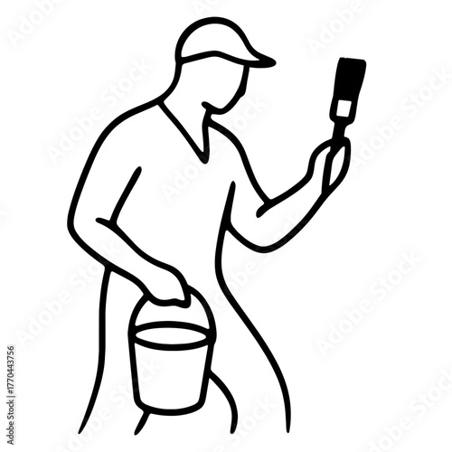 Construction worker holding a paintbrush and bucket in outline style  