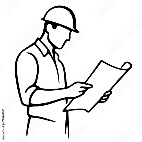 Construction worker examining blueprint while wearing hard hat  