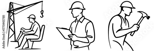 Construction worker collage illustrations in minimalist style  