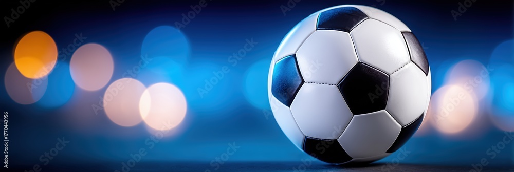 Obraz premium Soccer ball on a blue bokeh background. Horizontal banner with copy space for text, perfect for sports advertising, football tournaments, or promotional campaigns