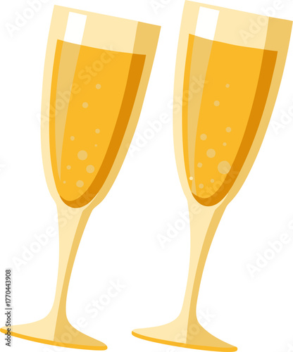 Close-up of two champagne flutes filled with golden drink, isolated on white background, clean vector white background