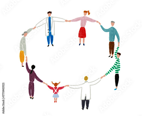 手描きイラスト　輪になって手をつなぐ医者と患者