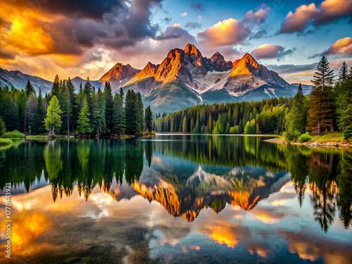 Majestic Alpine Lake Mirror Sunset Glow over Mountain Peaks and Forest