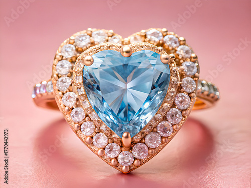 Luxury Fancy Blue Sapphire Heart Ring Surrounded by White Diamonds