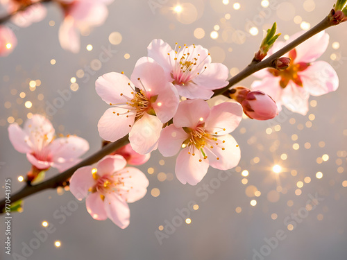 Magical Spring Blossom Pink Cherry Flower with Golden Bokeh Glow
