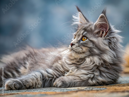 Majestic Silver Kitten with Piercing Amber Eyes – Fluffy Feline Portrait