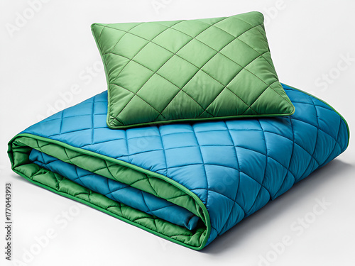 Modern Blue and Green Quilted Bedding Set with Matching Pillow