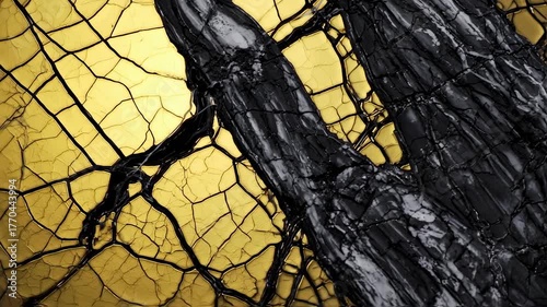 Abstract painting featuring a textured interplay of gold and black