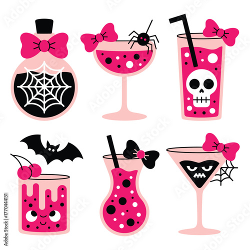 Spooky Halloween cocktails with pink and black colors featuring spiders skulls bats and cherries drinks