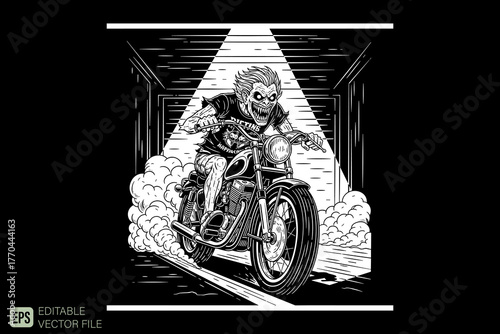 Grinning Skeleton Biker Riding Motorcycle with Smoke in a Dark T