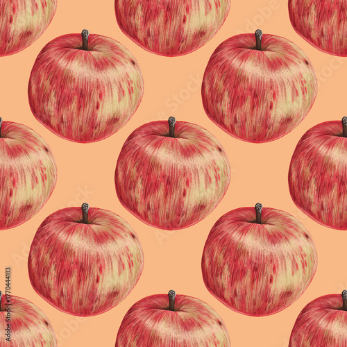 Seamless pattern red apple hand drawn watercolor illustration. Ripe tree fruit. Vitamin healthy food. Vegetable autumn harvest season. Background wall for packaging and fabric.