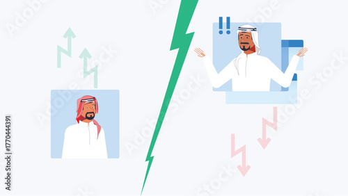 Two Arab men in split screen with arrows showing growth and decline. Represents emotional contrast and business outcomes