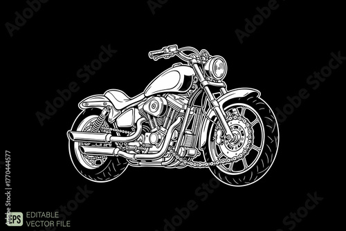 Classic Motorcycle Engraving Style Illustration on Black Backgro