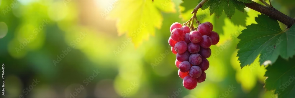 Fototapeta premium A single, ripe grape hangs precariously from a vine, ready to be harvested Sunlight streams through the leaves, casting dappled shadows on the delicate fruit , delicious, shadows