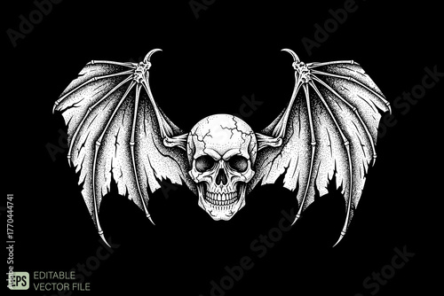 Detailed Hand-Drawn Skull with Bat Wings Illustration.