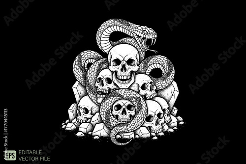 Pile of Skulls and Snakes Black and White Illustration.